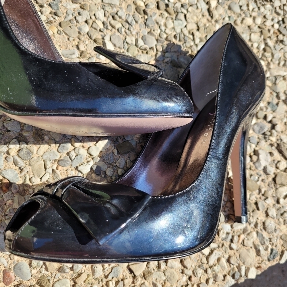 PARIS Hilton peep toe Heels with bow in patent black leather size 8 - Picture 10 of 16